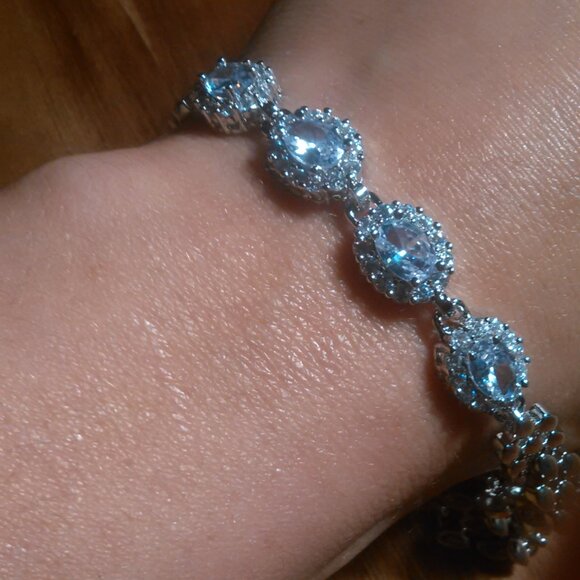 Simulated Blue and White Diamond Silvertone Brass Bracelet - Picture 11 of 15